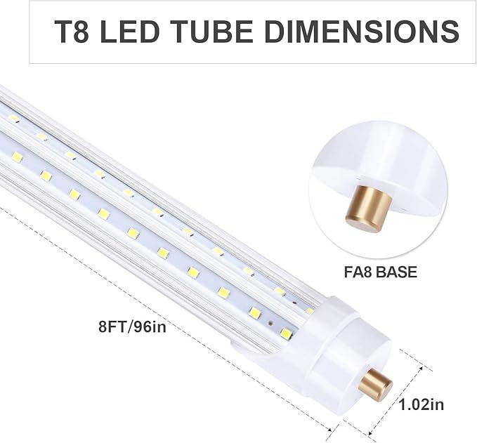 65W 8FT Shop Light FA8 Single Pin,270 Degree Angle V Shaped LED Bulbs,5000K Daylight White, Clear Cover, Ballast Bypass, Dual-Ended Power, Fluorescent Light Bulbs Replacement (4Pack)