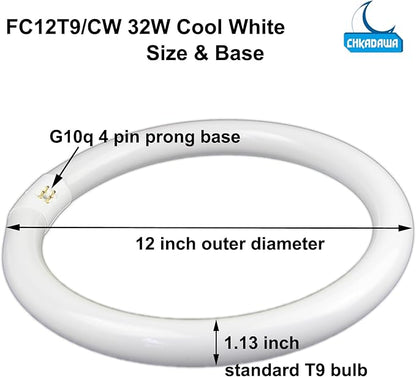 FC12T9/CW 32W Cool White Round Fluorescent Light Bulb, 12 Inch T9 32 Watts Circular Bulbs, 12'' FCL 32 Circline Bulb 4100K 841, G10q 4 Pin Prong Base, 2 Pack