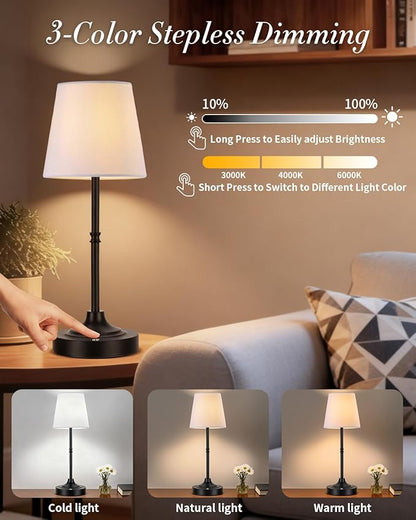 Cordless Table Lamp,5200mAh Battery Operated Fabric Shade Desk Lamp,Three Color Stepless Dimmable Small Touch Lamp, Night Light for Dining Room, Bedroom, Bar,LED Night Light, Camping, Balcony