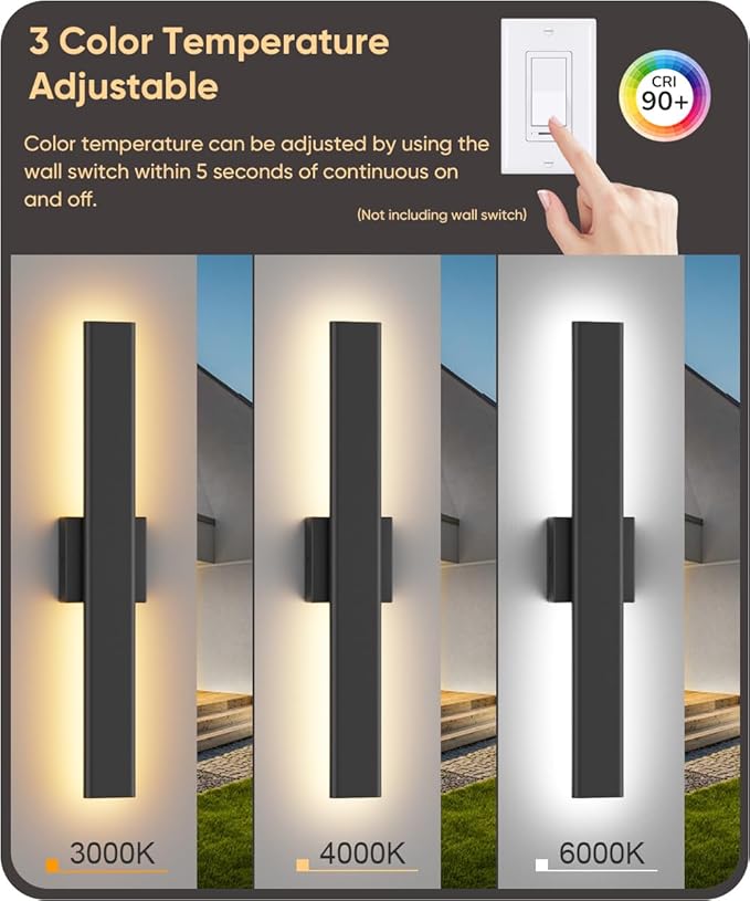 Aipsun 2 Packs LED Outdoor Wall Lights, 3000K 4000K 6000K, 23.6in Modern Black Outdoor Porch & Patio Wall Sconce, Linear Exterior Wall Light for Entrance, Hallway, Garage, Porch(3CCT)
