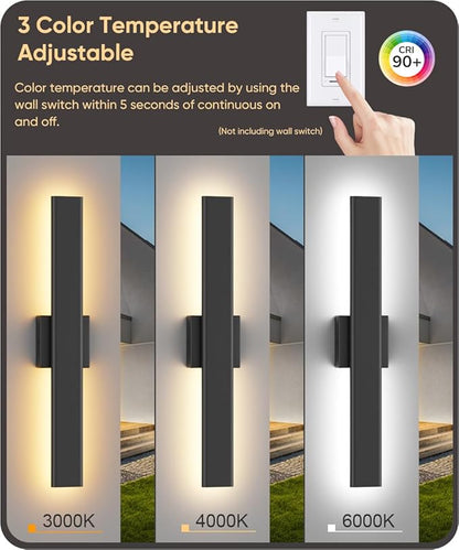 Aipsun 2 Packs LED Outdoor Wall Lights, 3000K 4000K 6000K, 23.6in Modern Black Outdoor Porch & Patio Wall Sconce, Linear Exterior Wall Light for Entrance, Hallway, Garage, Porch(3CCT)