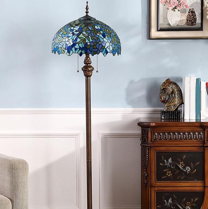 Blue Glass Tiffany Floor Lamp Baroque Vintage Standing Lamp with Pull Chain Traditional Stained Glass Floor Standing Reading Light for Living Room Bedroom Home Office Farmhouse