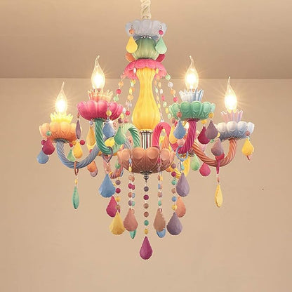 LAKIQ Colorful Crystal Hanging Chandelier Light Fixture 6 Lights European Girls Room Pendant Ceiling Lighting Candle Chandelier for Girls Bedroom Living Room Dining Room Coffee Shop (Style B)