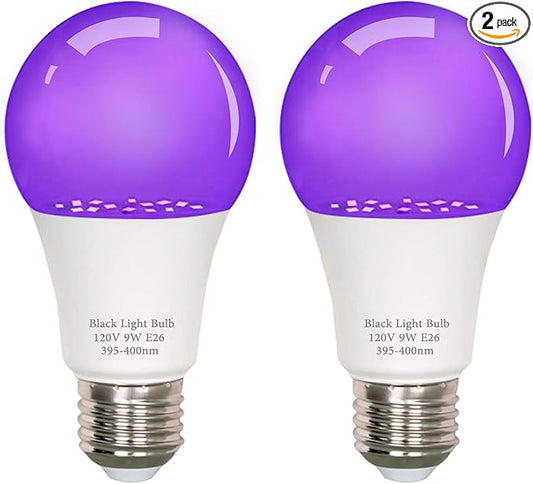 Black Light Bulb A19 LED 9W UV Blacklight Bulbs, 120V E26 Base UVA Level 395-400nm, Glow in The Dark for Body Pain, Glow Party, Halloween Decoration, 2-Pack