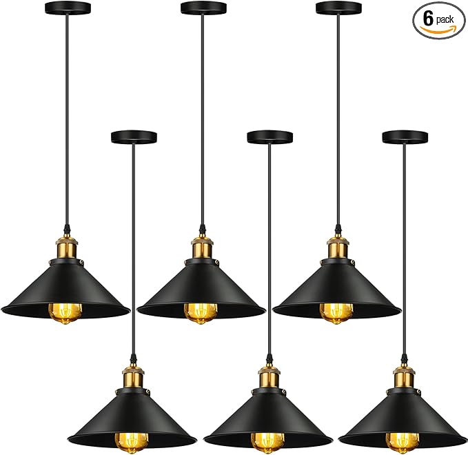 Retisee 6 Pieces Industrial Pendant Lights E26 E27 Base Black Farmhouse Lampshade for Hanging Light Vintage Metal Shade Fixtures Barn for Kitchen Dining Room Home Bar Foyer