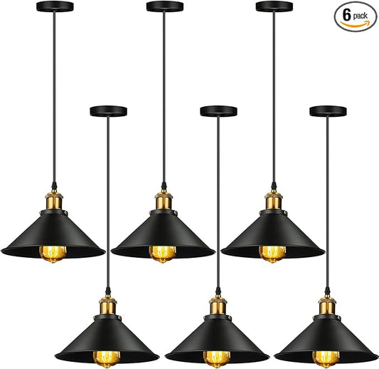 Retisee 6 Pieces Industrial Pendant Lights E26 E27 Base Black Farmhouse Lampshade for Hanging Light Vintage Metal Shade Fixtures Barn for Kitchen Dining Room Home Bar Foyer