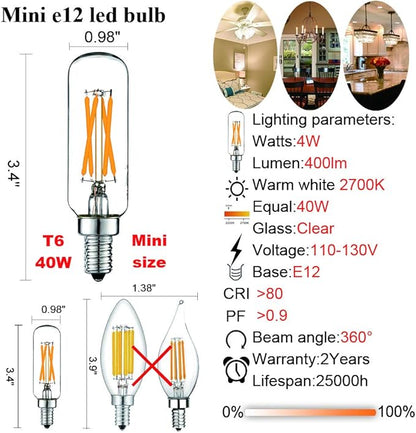 LiteHistory Dimmable t6 led Bulb 40W Candelabra led 2700K Clear 400lm 4W e12 Edison Bulb Warm White 6Pack