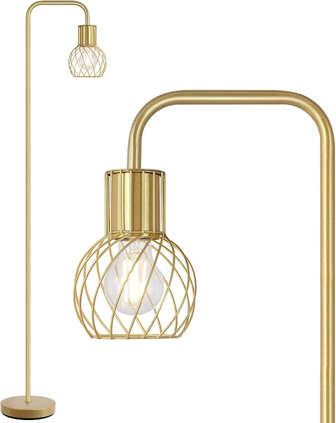 Brass Gold Standing Floor Lamp for Living Room - Modern Industrial Design with 6W LED Bulb, Foot Switch, Metal Tall Stand, Minimalist Farmhouse Boho Style for Bedroom & Office