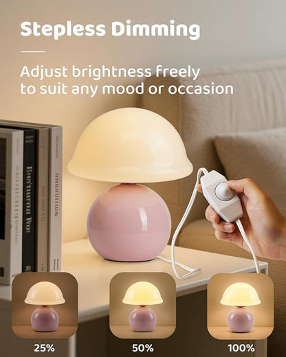 Mushroom Table Lamp for Bedroom, Cozy Bedside Lamp with Glass Shade, Stepless Dimmable Nightstand Lamp for Relaxing Bedroom Decor & Aesthetic Home (Pink)