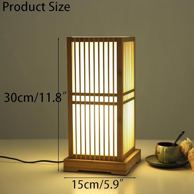 Japanese Table Lamp Handmade Bamboo Table Lamps Lantern Shade Natural Wooden Base Eye-Caring Bedroom Bedside nightstand Light Vintage Modern Table lamp Study Room Desk Lamp Reading Lamp