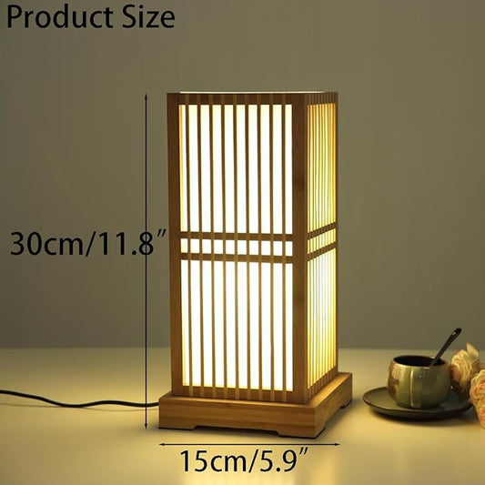 Bepuzz Bamboo Table Lamps Japanese Table Lamp Handmade Lantern Shade Wooden Base Natural Rattan Desk Lamp Eye-Caring Bedroom Bedside Night Light Study Room Desk Light Home Decor Lighting