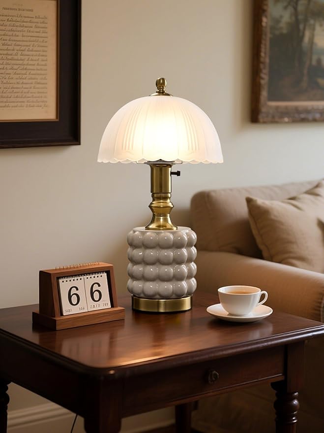 Vintage Lamp for Bedroom,Unique Lamps Cracked Ceramic lamp,UL Rotary Switch Control Glass lamp Shade,Small Table lamp for Living Room Decor Kitchen Lighting (White+Glass)