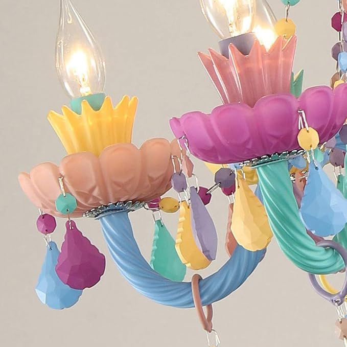 LAKIQ Colorful Crystal Hanging Chandelier Light Fixture 6 Lights European Girls Room Pendant Ceiling Lighting Candle Chandelier for Girls Bedroom Living Room Dining Room Coffee Shop (Style A)