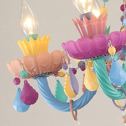 LAKIQ Colorful Crystal Hanging Chandelier Light Fixture 6 Lights European Girls Room Pendant Ceiling Lighting Candle Chandelier for Girls Bedroom Living Room Dining Room Coffee Shop (Style A)