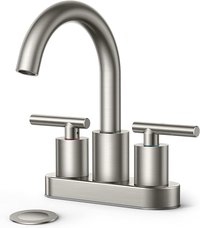 FORIOUS Brushed Nickel Bathroom Faucet 2 Hole, 4 Inch Centerset Bathroom Sink Faucet Brushed Nickel with Pop-up Dain, 24" CUPC Hoses, 360° Swivel Gooseneck for RV Basin