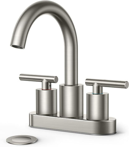 FORIOUS Brushed Nickel Bathroom Faucet 2 Hole, 4 Inch Centerset Bathroom Sink Faucet Brushed Nickel with Pop-up Dain, 24" CUPC Hoses, 360° Swivel Gooseneck for RV Basin