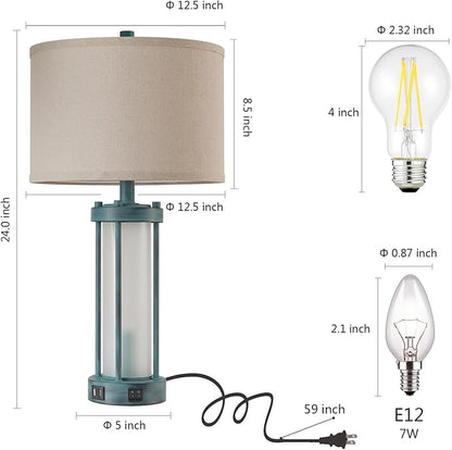 RORIA Set of 2 Rustic Table Lamps for Living Room with 2 USB Ports, Farmhouse Vintage Nightstand Lamp with White Glass Nightlight, Retro Desk Lamps for Bedroom End Table, Bulbs Included(Retro Green)