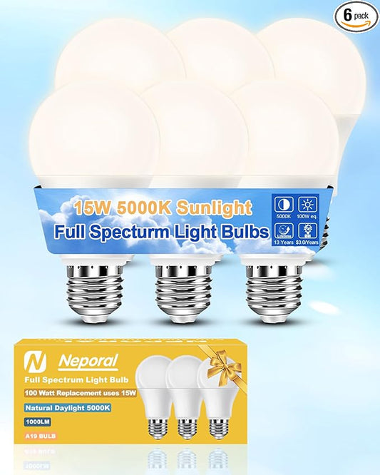 Neporal 15W Full Spectrum Light Bulb, 5000K UV-Free Daylight Sunlight Light Bulbs, 100W Equivalent LED CRI 90, Flicker-Free, 30,000 Hrs Lifespan, E26/E27 Natural Light Bulb for Home & Office - 6PK