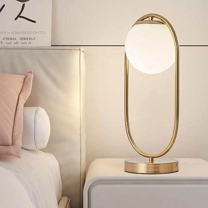 Mid Century Modern Table Lamp White Glass Shade Nightstand Lamp Small Gold Table Lamp for Bedside Bedroom Living Room Office