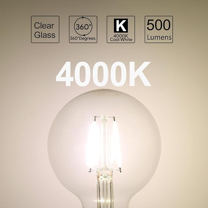 ENERGETIC SMARTER LIGHTING Dimmable LED Edison Light Bulb, G25 (G80) 500LM Globe Bulb, 60W Equivalent, 4000K Cool White, Christmas Light, E26 Standard Base, ETL Listed, 6-Pack