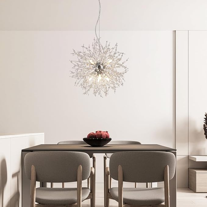 Modern Small Chandelier, 8 Lights Chrome Firework Chandelier, Dandelion Crystal Chandeliers for Entryway, Sputnik Pendant Light Fixture for Dining Room