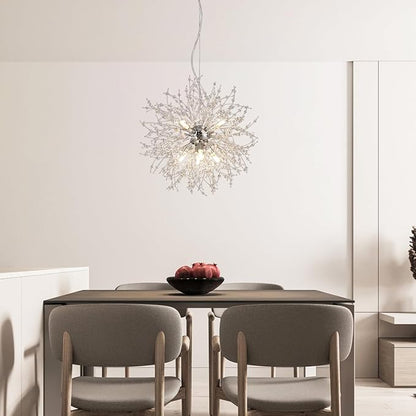 Modern Small Chandelier, 8 Lights Chrome Firework Chandelier, Dandelion Crystal Chandeliers for Entryway, Sputnik Pendant Light Fixture for Dining Room