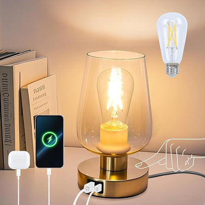 Touch Bedside Table Lamp with Glass Shade, Gold Modern Small Lamp for Bedroom Living Room Nightstand, 3 Way Dimmable Desk Lamp with USB C+A+AC Outlet Charging Ports, 800LM LED Bulb Included