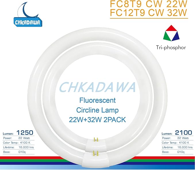 FC8T9/CW 22W and FC12T9/CW 32W Cool White Round Fluorescent Light Bulb Set, 8 inch T9 22 Watts & 12 inch 32 Watts Circular Bulbs Pack, Circline Kitchen and Bath Light Bulbs, CRI 80, 4100K, G10q Prong