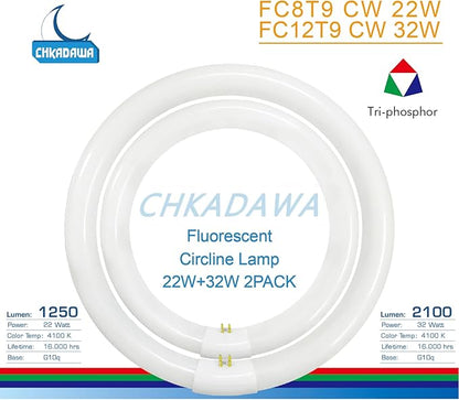 FC8T9/CW 22W and FC12T9/CW 32W Cool White Round Fluorescent Light Bulb Set, 8 inch T9 22 Watts & 12 inch 32 Watts Circular Bulbs Pack, Circline Kitchen and Bath Light Bulbs, CRI 80, 4100K, G10q Prong