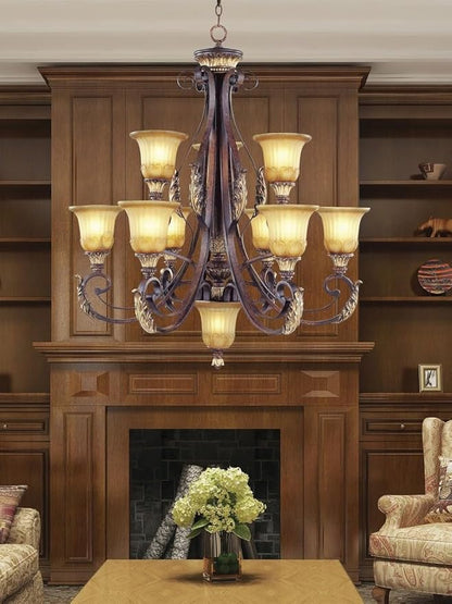 Livex Lighting 8579-63 Villa Verona 9 Light Two Tier (6+3) Verona Bronze Finish Flush Mount with Aged Gold Leaf Accents and Rustic Art Glass