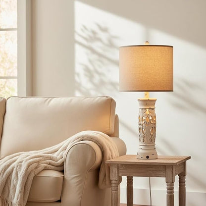 BOBOMOMO 27.25” Farmhouse Table Lamps Set of 2 – Antique White Bedside Lamps with Night Light & USB A+C Ports, Vintage Lamps for Bedroom, Living Room, Entryway, Console Table (Bulbs Included)