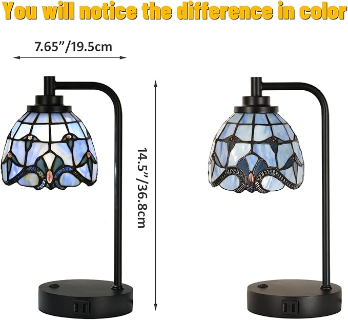 TL0016 Tiffany Table Lamp with 2 USB Charging Ports, Desk Lamp with Blue Baroque Stained Glass Lamp Shade, Retro Nightstand H 14.5" for Bedrooms Office Study, LED Bulbs Included (Blue)