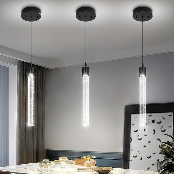 Modern Pendant Lights Kitchen Island Black Crystal Mini Pendant Light with Dimmable LED 2700K-6000K,Bubble Crystal Chandelier Dining Room and Bar - 1 Pack
