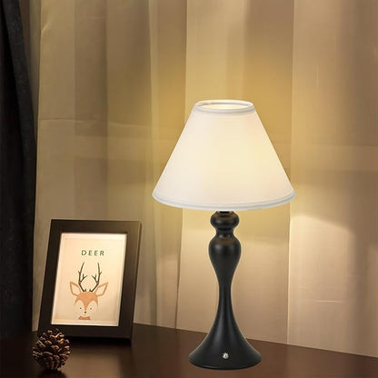 Rechargeable Cordless Table Lamps, Battery Operated Lamp with Fabric Shade for Decor, 3 Color Stepless Dimming LED Table Light, Nightstand Lamp for Nursery, Bedroom, Living Room, Home Office (Black)