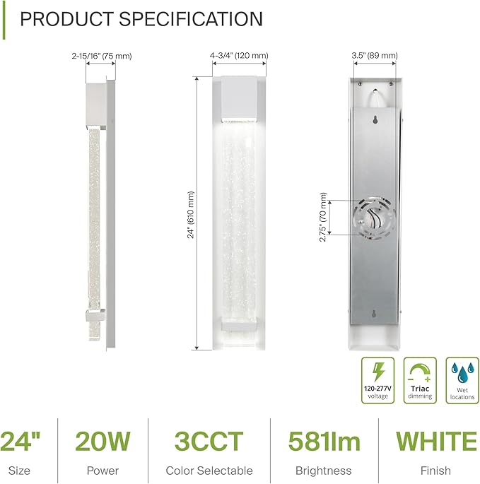 ASD LED 24" Bubble Glass Wall Light Fixture, Outdoor & Indoor Seeded Sconce | 3CCT, Waterproof, Dimmable, ETL Listed | 20W 600LM 3000-5000K 100-277V | Exterior Lantern, Porch Lighting | White, 2 Pack