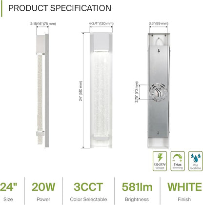 ASD LED 24" Bubble Glass Wall Light Fixture, Outdoor & Indoor Seeded Sconce | 3CCT, Waterproof, Dimmable, ETL Listed | 20W 600LM 3000-5000K 100-277V | Exterior Lantern, Porch Lighting | White
