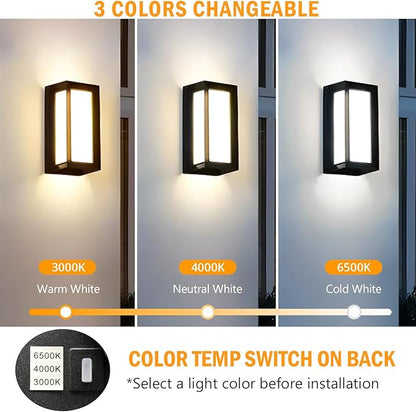 wowlite Outdoor Lights for House LED, 12W Modern Porch Light 3000K 4000K 6500K 3 Colors Changeable, Aluminum Outdoor Light Fixture Wall Mount, Exterior Lighting Fixtures for Garage Garden Patio