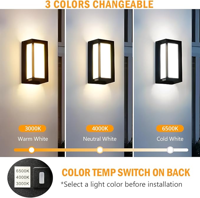 wowlite Modern Outdoor Wall Lights 2 Pack, LED Outdoor Wall Sconce 3 Colors Changeable, Matte Black Exterior Lighting Fixtures, IP65 Waterproof Outside Lights for House Porch Front Door