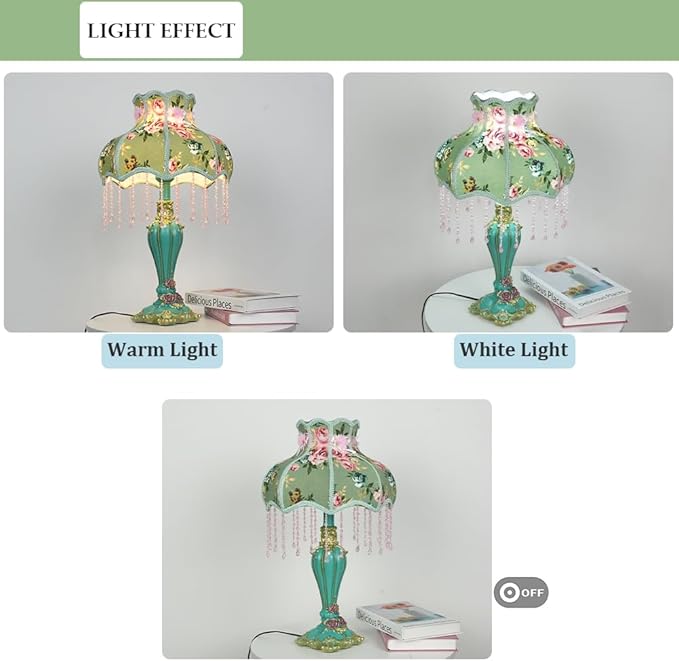 Lovely Table Lamp with Fabric Lampshade, Antique Flower Decorative Bedside Desk Lamp, Handmade Night Light for Bedroom Nightstand (Green)