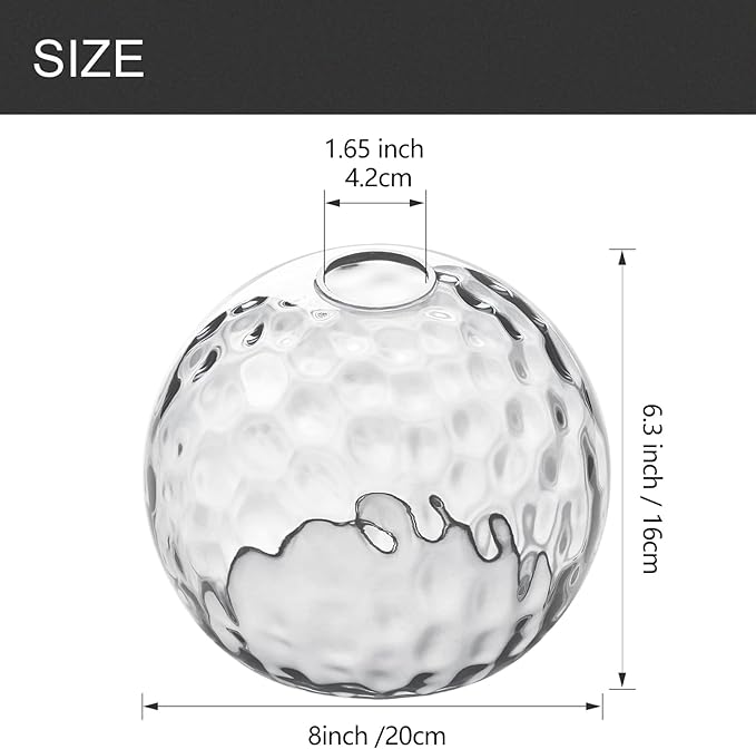 Fixture Replacement Globe Shade with 1.65 Inch Fitter, 8 Inch Diameter, E26 Base 1-5/8 Inch Fitter, Glass Lampshade Cover for Pendant Wall Sconce Chandelier Vanity Light (Hammered Clear)