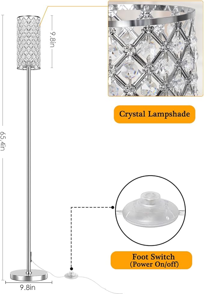 Crystal Floor Lamps - Modern Silver Standing Lamp with 3 CCT LED Bulbs for Elegant Home Decor Living Room and Bedroom Lighting