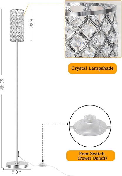 Crystal Floor Lamps - Modern Silver Standing Lamp with 3 CCT LED Bulbs for Elegant Home Decor Living Room and Bedroom Lighting
