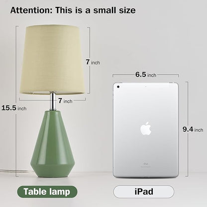 Small Bedside Table Lamp for Bedroom-Reading Desk Lamp Set of 2,with 3 Color Temperatures,15.5" Nightstand Ceramic Lamp with Fabric Shade for Kids Room,Living Room,Dorm,Home Office (Green)