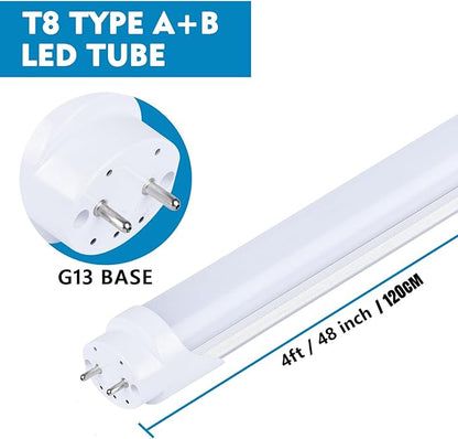 12-Pack 4FT LED T8 Type A+B Tube Lights, 30W(80W Equivalent), 4000LM, 6000K, Single or Double End Powered, Ballast Bypass, 4 Foot T10 T12 Fluorescent Bulbs Replacement, Frosted