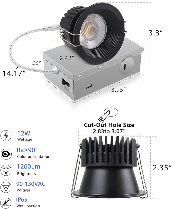 Adetu 3 Inch 5CCT Black Anti-Glare LED Downlight with Junction Box, 2700K/3000K/4000K/5000K Selectable, CRI90+, 12W COB, 1160LM, IP65 Waterproof, Dimmable-ETL and Energy Star Certified (Black,6 Pack)
