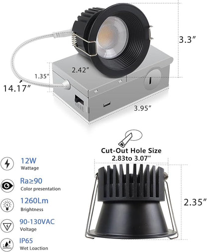 Adetu 3 Inch 5CCT Black Anti-Glare LED Downlight with Junction Box, 2700K/3000K/4000K/5000K Selectable, CRI90+, 12W COB, 1160LM, IP65 Waterproof, Dimmable-ETL and Energy Star Certified (Black,6 Pack)