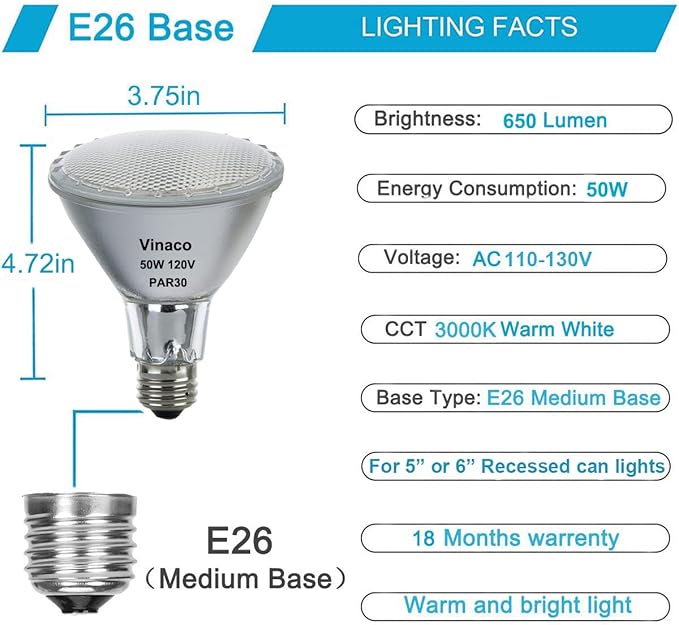 Vinaco PAR30 Flood Light 50W, 6 Pack High Brightness 650LM PAR30 Halogen Long Neck Dimmable,PAR30L Flood 50 Watt 3000K Warm White, Long Lasting PAR 30 50W 120V Flood Long Neck with E26 Base