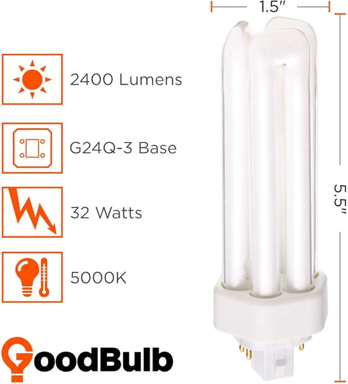 GoodBulb 32 Watt CFL Light Bulbs 4 Pin GX24Q-3 Base 5000K Daylight 32W High Output 2400 Lumens Triple Tube Compact Fluorescent Light Bulbs Plug-in Car Dealership Lighting 10 Pack