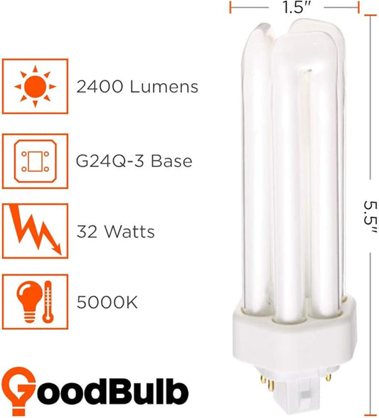 GoodBulb 32 Watt CFL Light Bulbs 4 Pin GX24Q-3 Base 5000K Daylight 32W High Output 2400 Lumens Triple Tube Compact Fluorescent Light Bulbs Plug-in Car Dealership Lighting 10 Pack