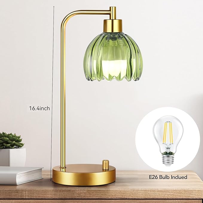 Green Table Lamp Set of 2,Small Glass Bedside Lamps Dimmable Boho Bedroom Lamp with Tulip Flower Lamp Shade,Gold Vintage Mid Century Modern Mini Nightstand Lamp for Bedroom Living Room